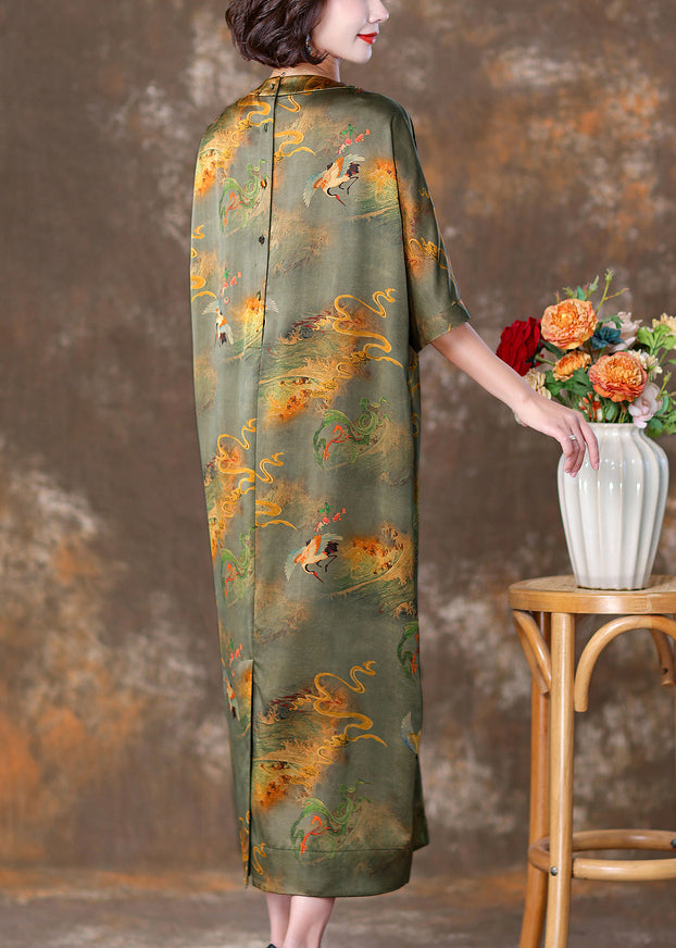 Green Print Pockets Silk Dresses V Neck Half Sleeve OP1071