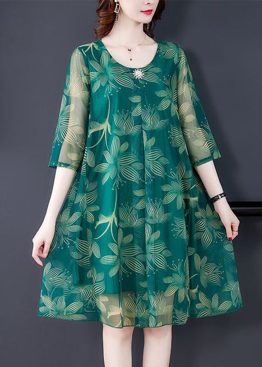 Green Print Tulle Dresses O Neck Half Sleeve OP1084