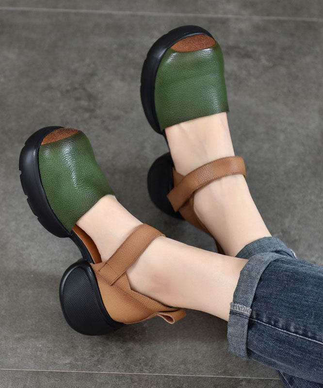 Green Sandals Chunky Cowhide Leather Handmade Splicing Buckle Strap DD1062