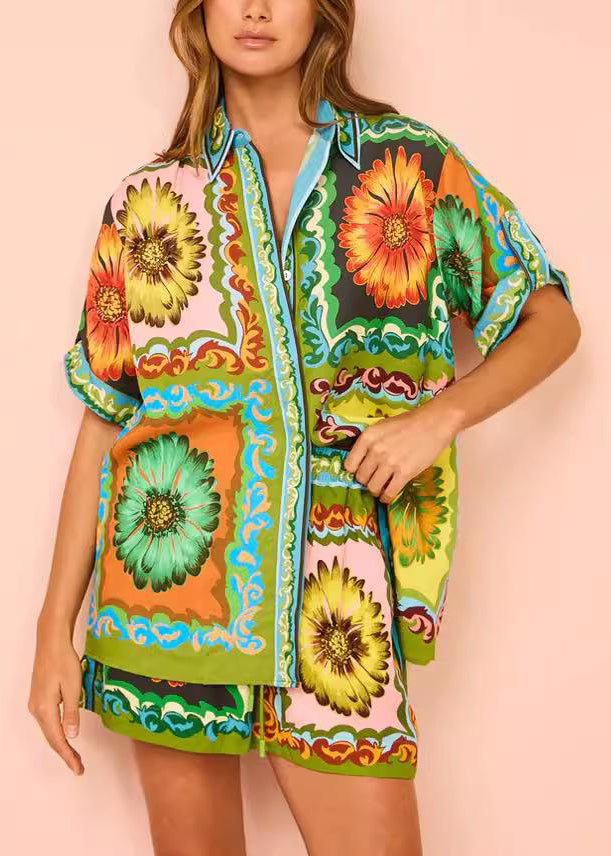 Set Shorts Chrysanthemum Pieces Printed Green And Short With Two