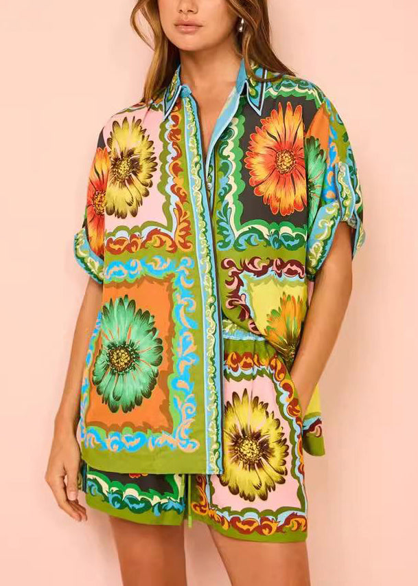 Set Shorts Chrysanthemum Pieces Printed Green And Short With Two