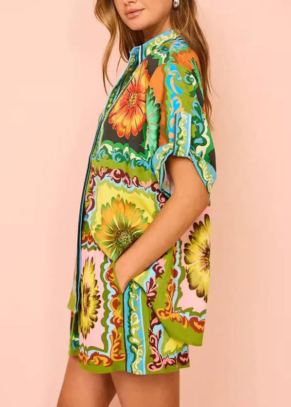 Set Shorts Chrysanthemum Pieces Printed Green And Short With Two