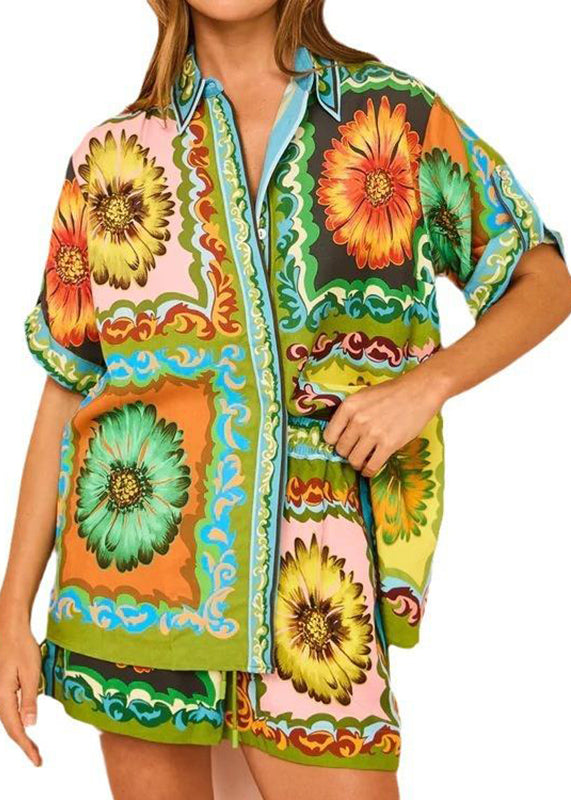 Set Shorts Chrysanthemum Pieces Printed Green And Short With Two