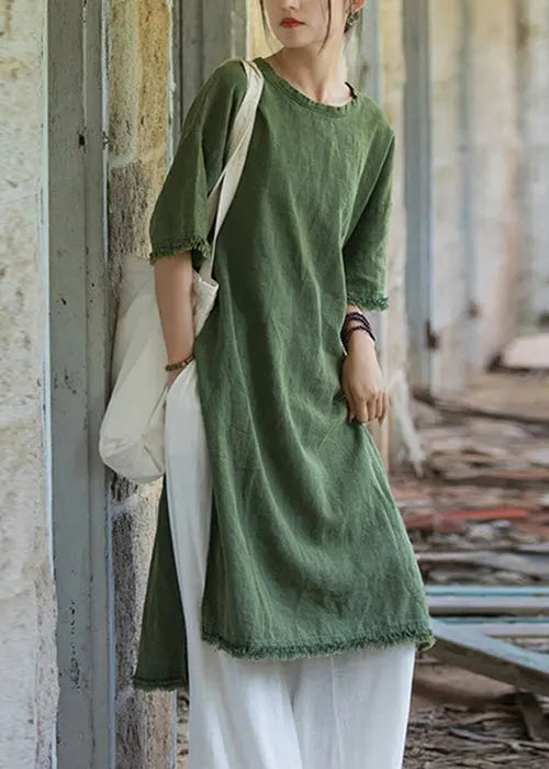 Green Side Open Linen T Shirt Dress O Neck Short Sleeve Ada Fashion