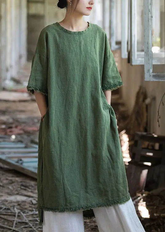 Green Side Open Linen T Shirt Dress O Neck Short Sleeve Ada Fashion