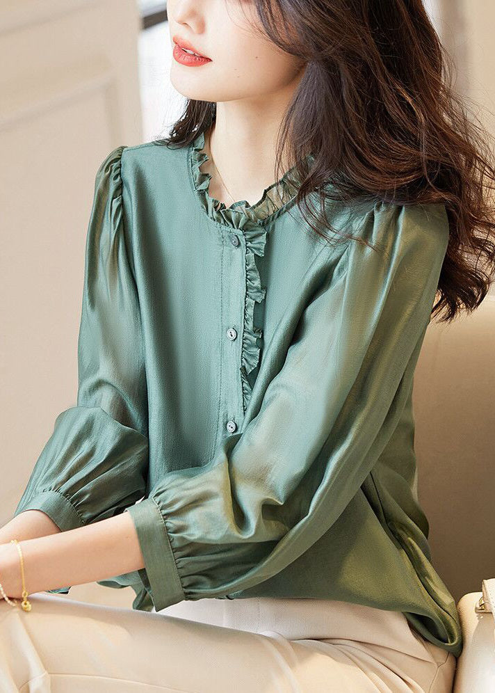 Green Solid Button Chiffon Blouses Ruffled Spring Ada Fashion