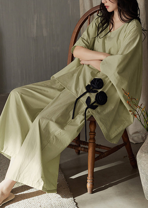 Set Solid T V Piece And Shirt Leg Two Wide Pants Green Cotton