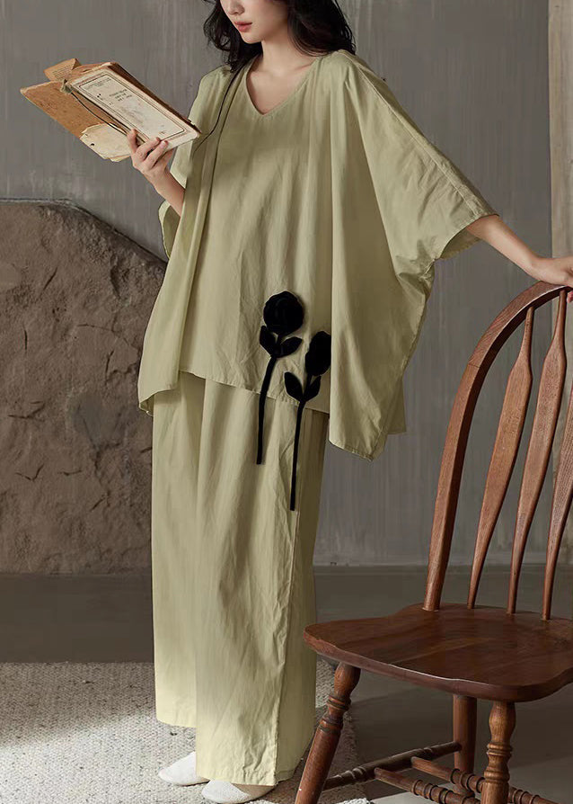 Set Solid T V Piece And Shirt Leg Two Wide Pants Green Cotton