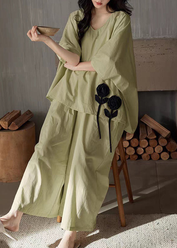 Set Solid T V Piece And Shirt Leg Two Wide Pants Green Cotton