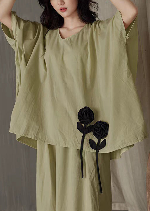 Set Solid T V Piece And Shirt Leg Two Wide Pants Green Cotton