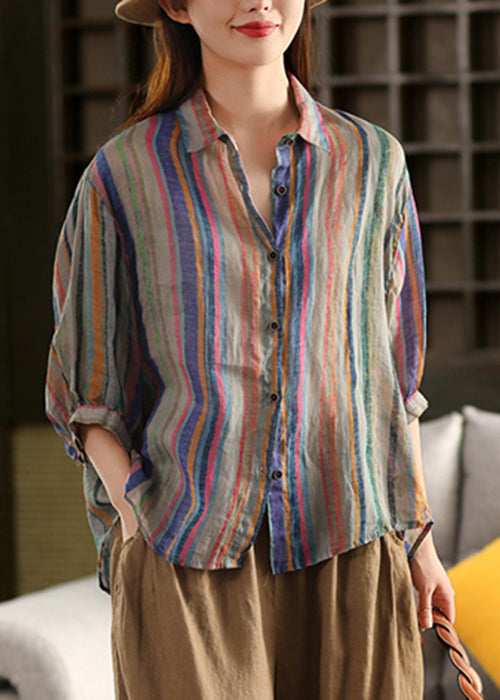 Pan Button Green Collar Linen Stripe Fall Shirt Peter