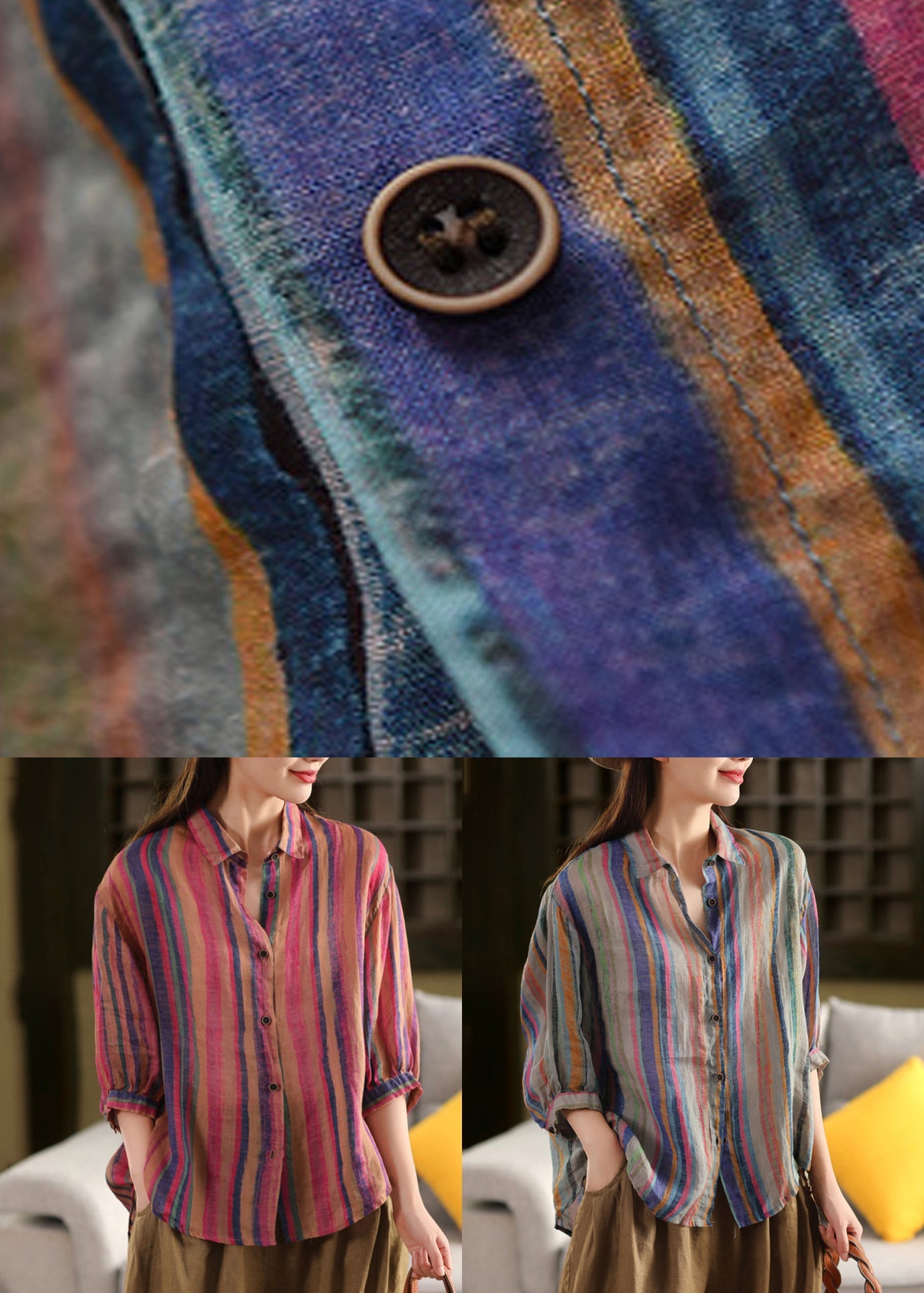 Pan Button Green Collar Linen Stripe Fall Shirt Peter