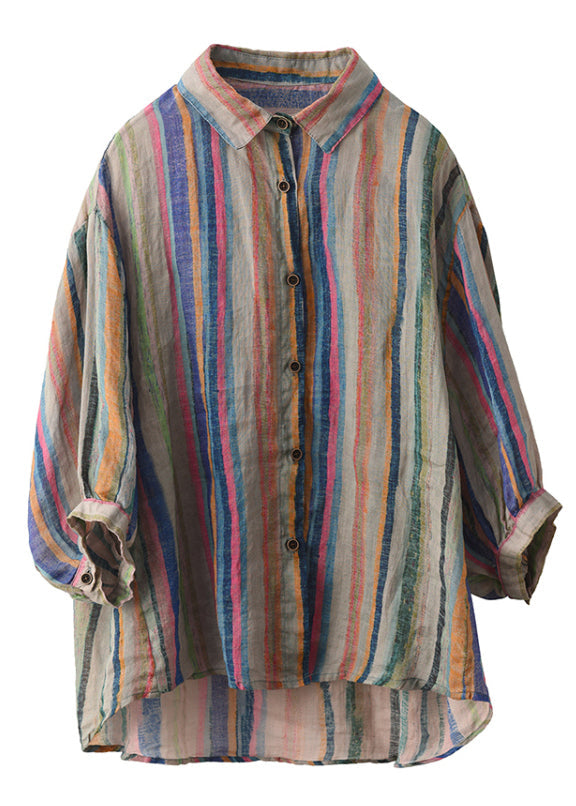 Pan Button Green Collar Linen Stripe Fall Shirt Peter