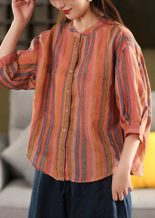 Sleeve Shirts O Bracelet Green Stripe Neck Linen