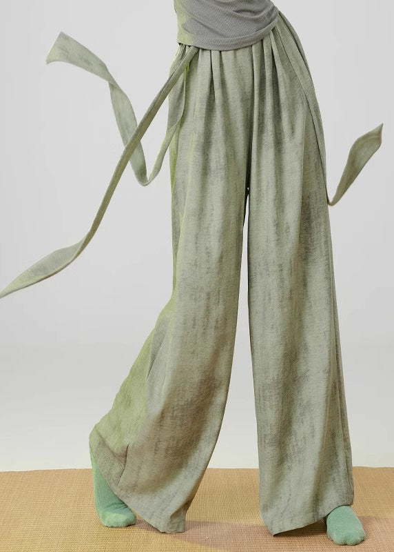 Green Tie Dye Linen Straight Pants Elastic Waist Spring YH030