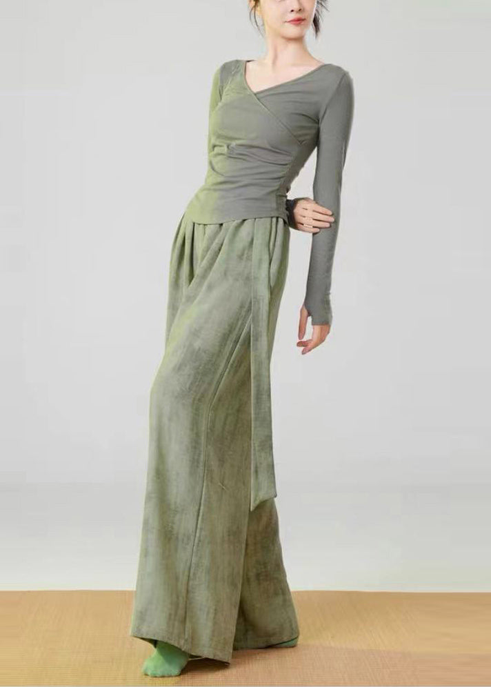 Green Tie Dye Linen Straight Pants Elastic Waist Spring YH030