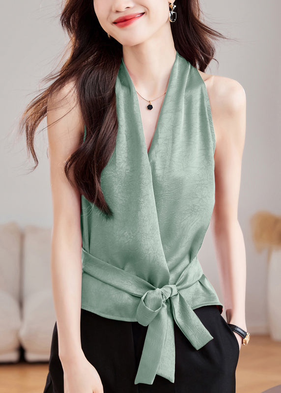Tank Waist Silk Summer Solid Tie V Green Neck
