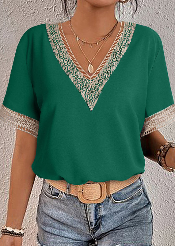 Out Neck Tops Green Short Sleeve V Hollow