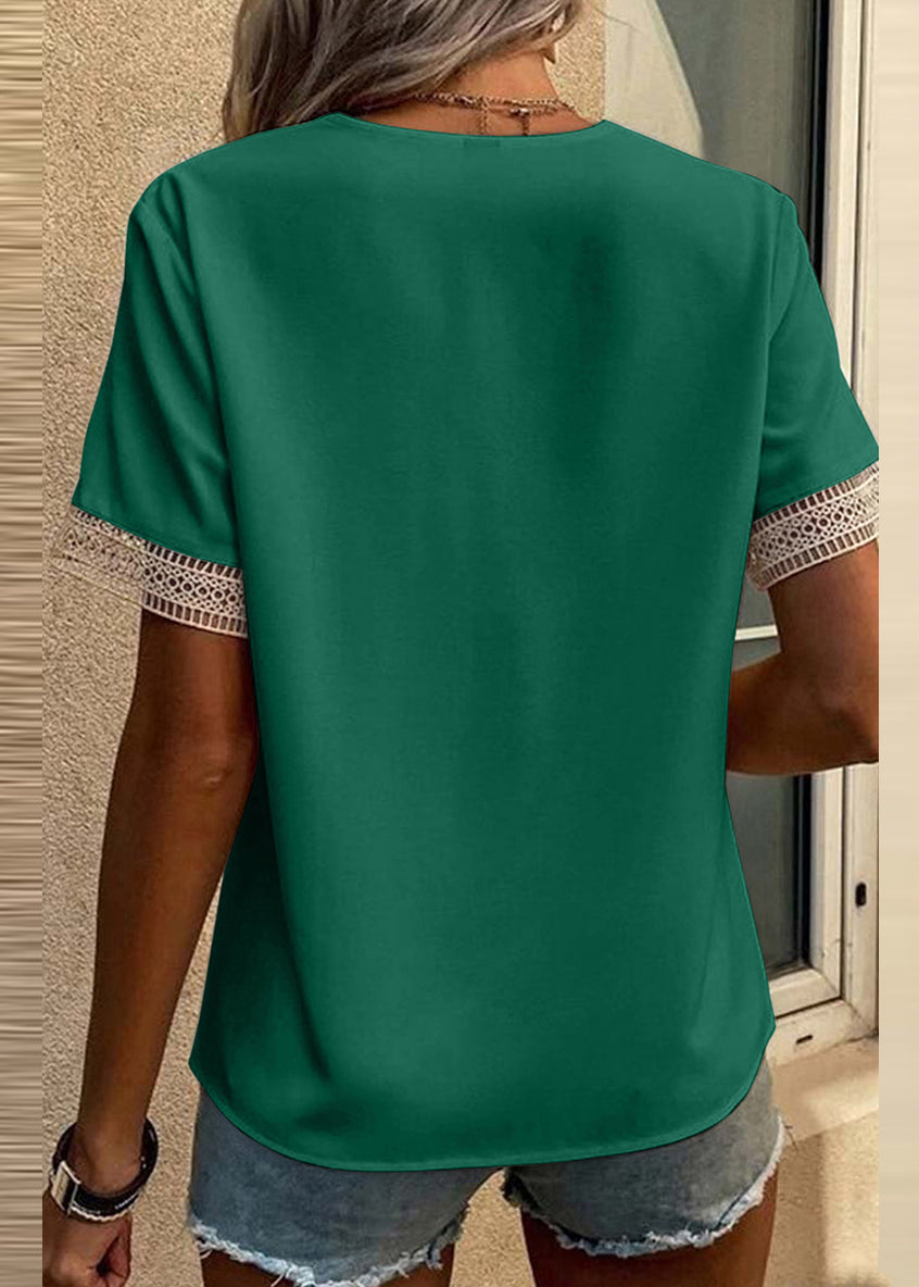Out Neck Tops Green Short Sleeve V Hollow