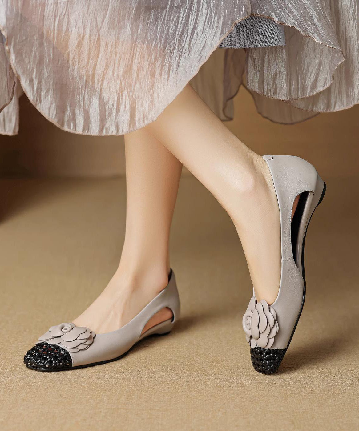 Women Shoes For Flat Splicing Cowhide Grey Soft Floral Leather