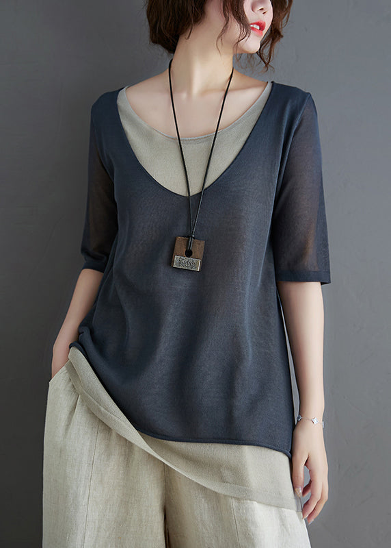 Patchwork Grey O-Neck Tank Knit Summer