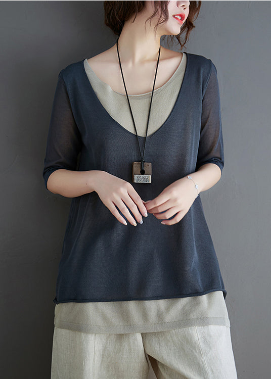 Patchwork Grey O-Neck Tank Knit Summer
