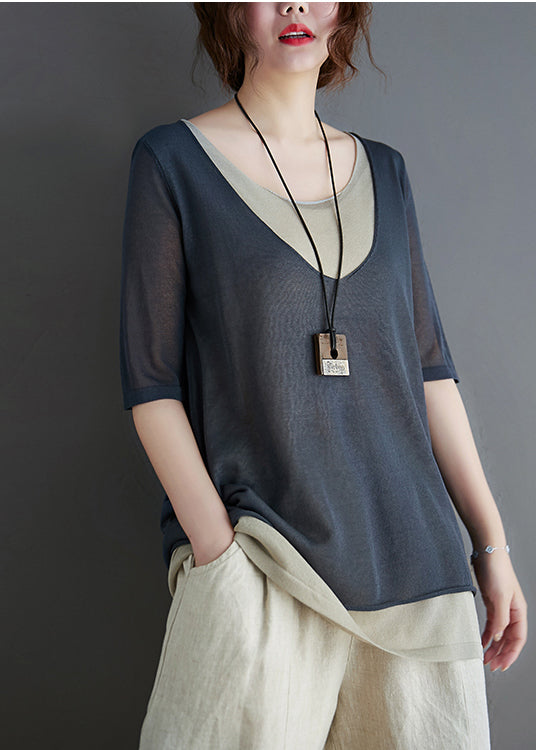 Patchwork Grey O-Neck Tank Knit Summer