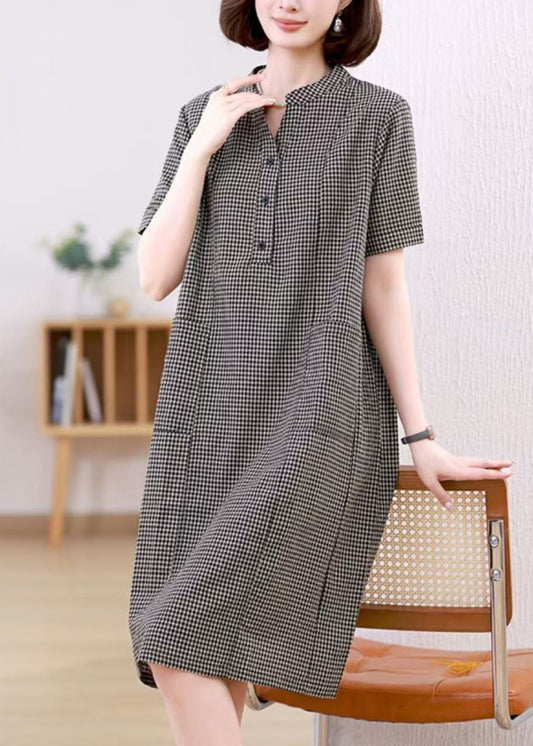 Collar Stand Grey Dresses Summer Linen Plaid Mid