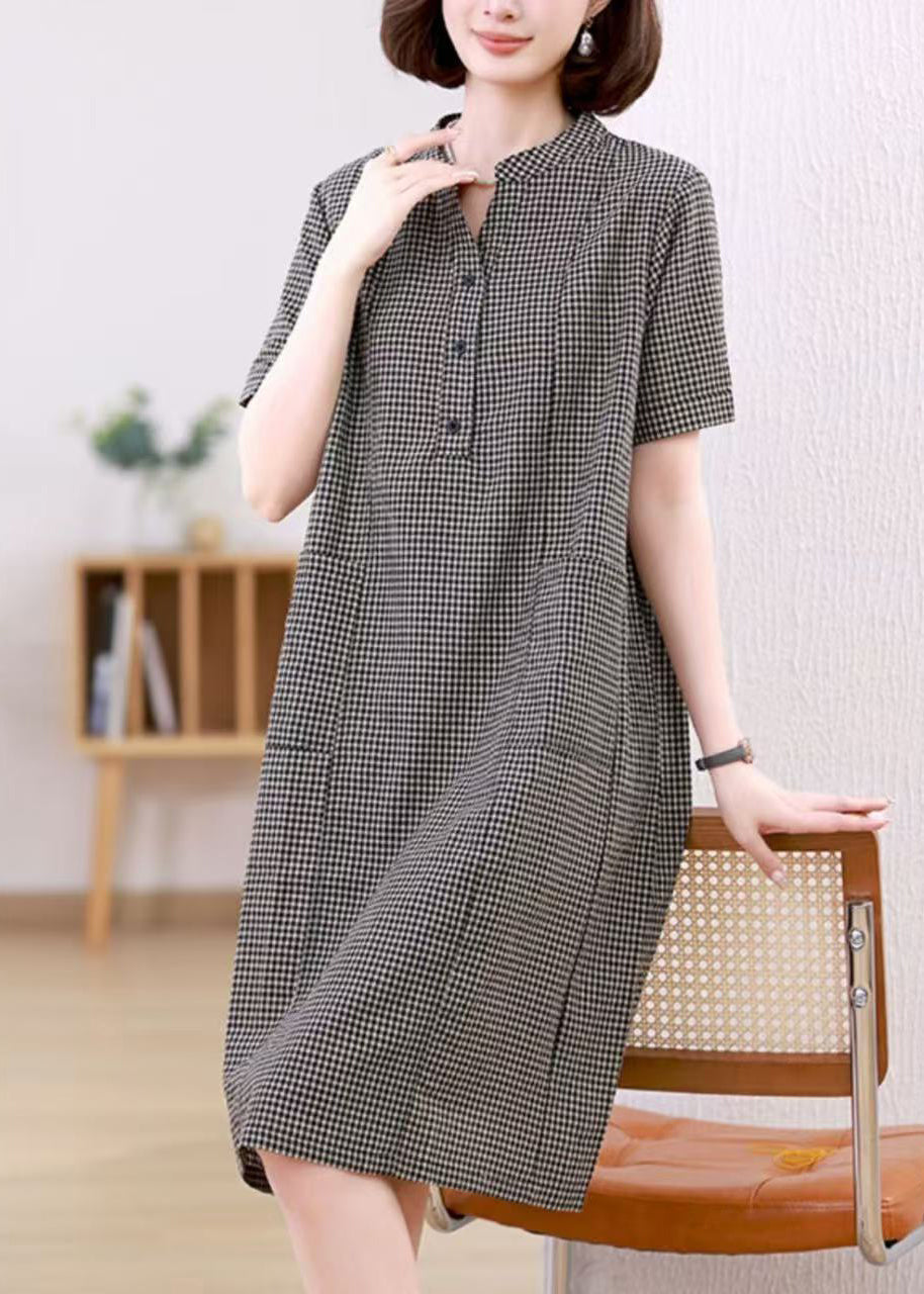 Collar Summer Dresses Stand Grey Mid Linen Plaid