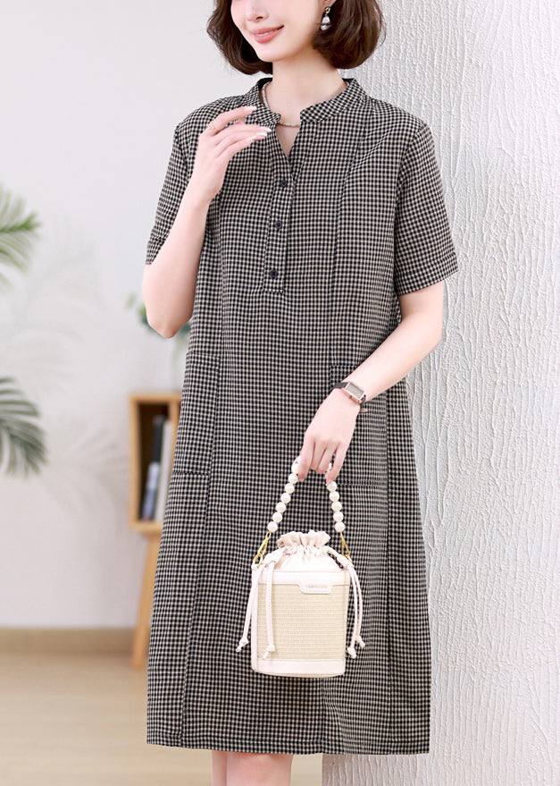 Collar Summer Dresses Stand Grey Mid Linen Plaid