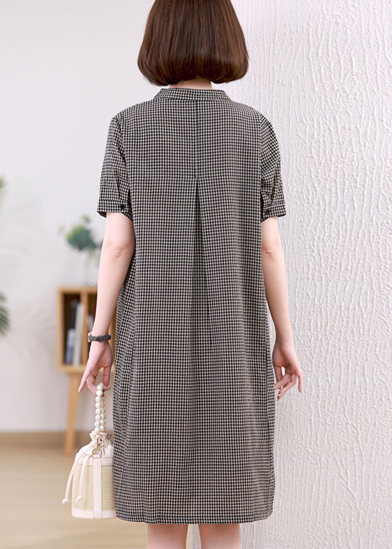 Collar Stand Grey Dresses Summer Linen Plaid Mid