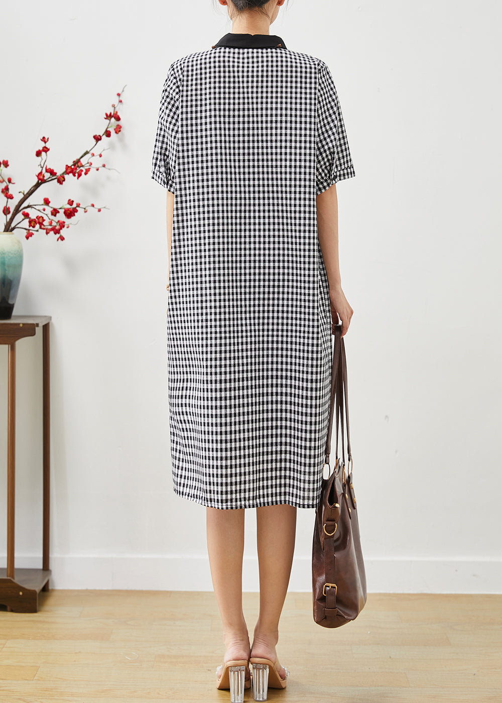 Grey Plaid Linen Shirt Dress Oversized Summer AP1070