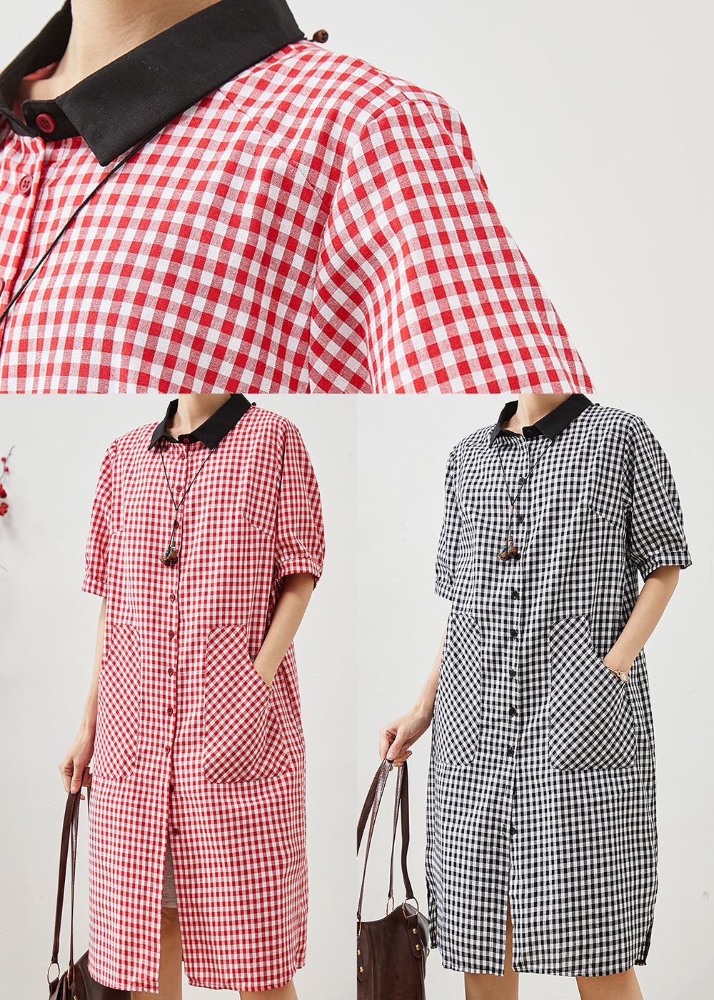 Grey Plaid Linen Shirt Dress Oversized Summer AP1070