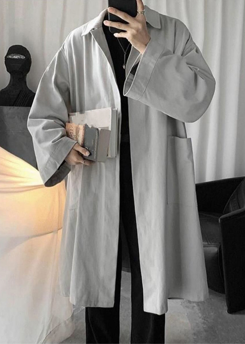 Grey Pockets Cotton Men Coat Peter Pan Collar Spring YQ011