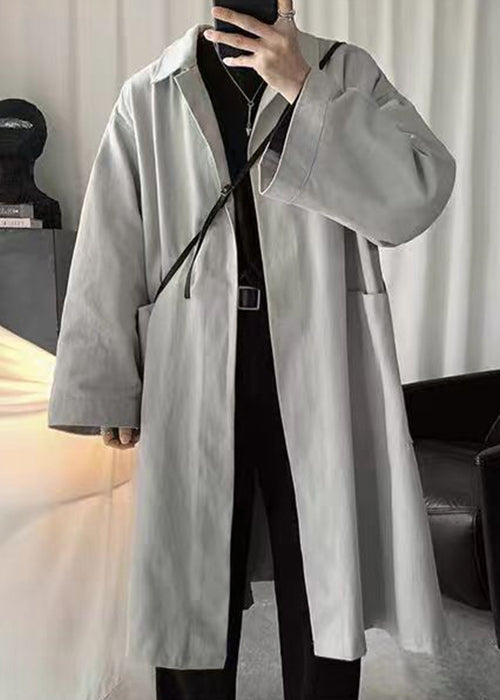 Grey Pockets Cotton Men Coat Peter Pan Collar Spring YQ011