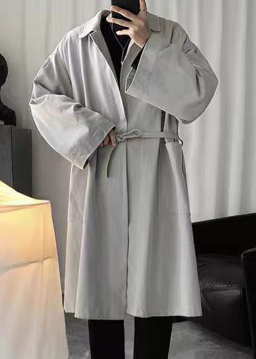 Grey Pockets Cotton Men Coat Peter Pan Collar Spring YQ011