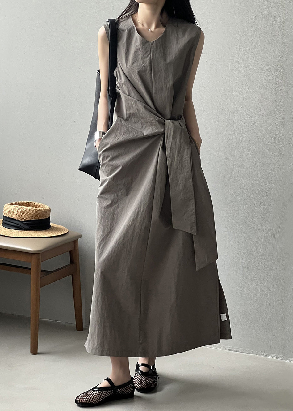 Grey Pockets Original Design Cotton Long Dress V Neck Sleeveless YH003