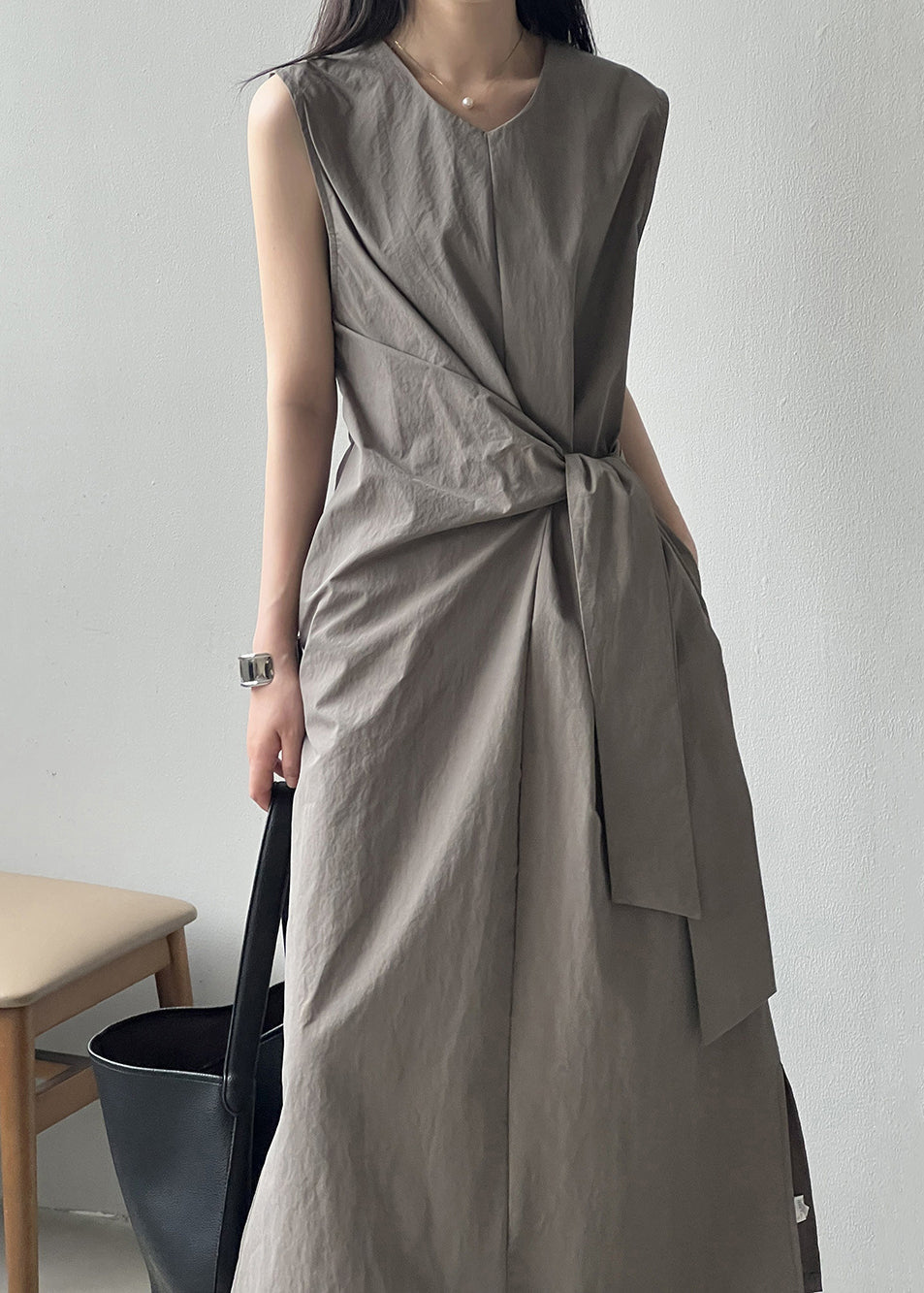 Grey Pockets Original Design Cotton Long Dress V Neck Sleeveless YH003