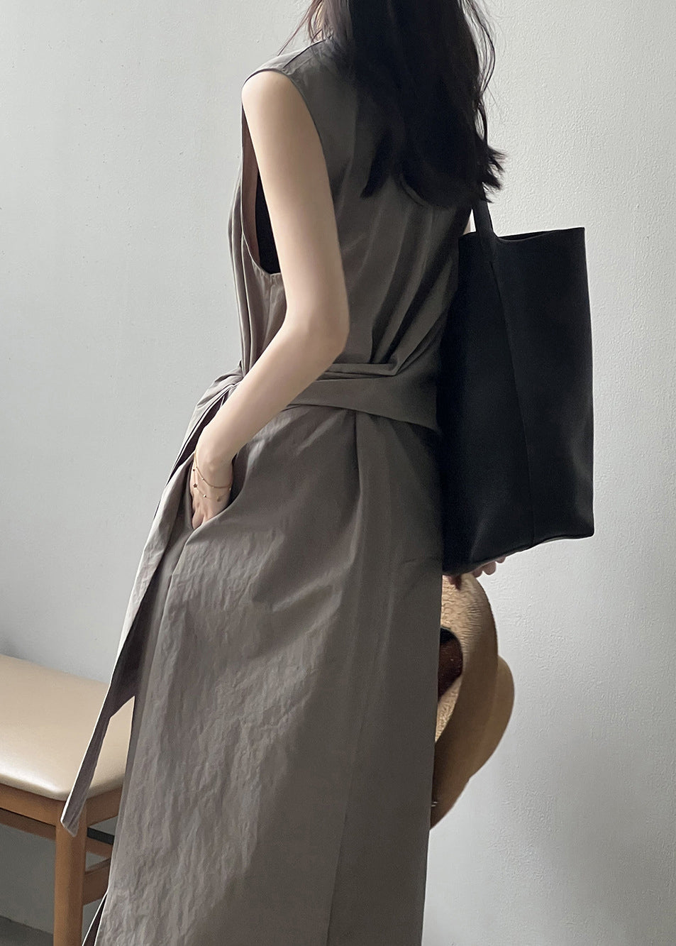 Grey Pockets Original Design Cotton Long Dress V Neck Sleeveless YH003