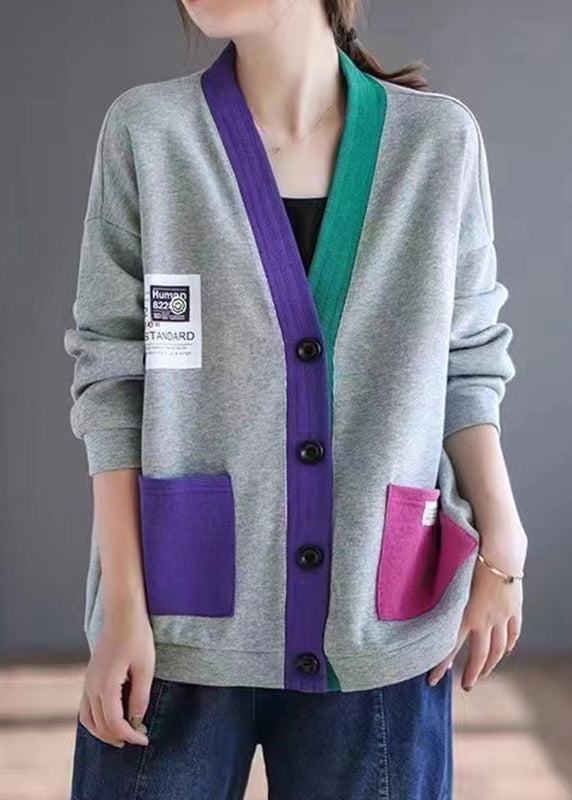 Cardigans V Grey Spring Patchwork Neck Cotton Pockets Loose