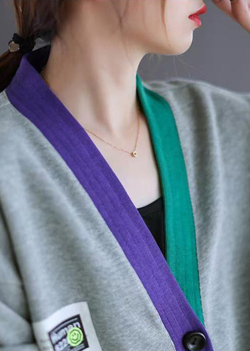 Cardigans V Grey Spring Patchwork Neck Cotton Pockets Loose