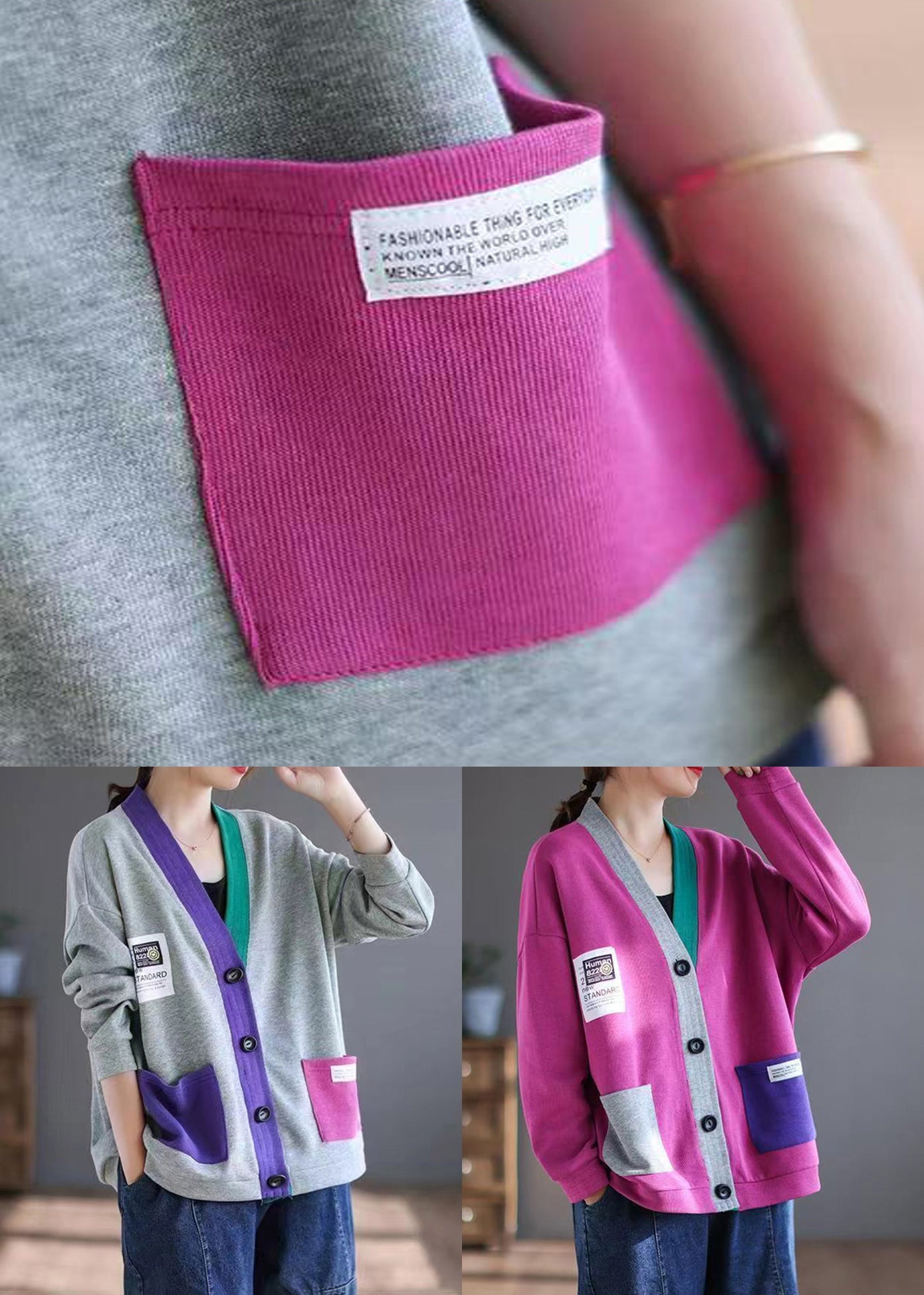 Cardigans V Grey Spring Patchwork Neck Cotton Pockets Loose