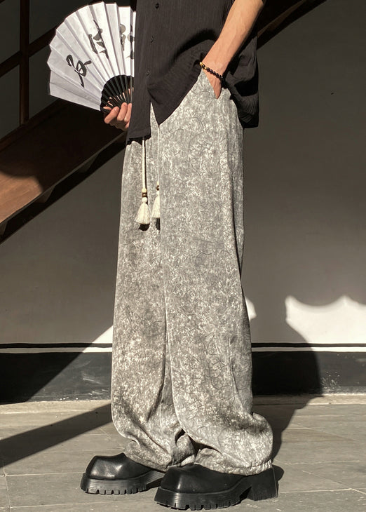 Pockets Grey Waist Wide Elastic Silk Leg Mens Pants