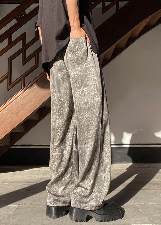Pockets Grey Waist Wide Elastic Silk Leg Mens Pants