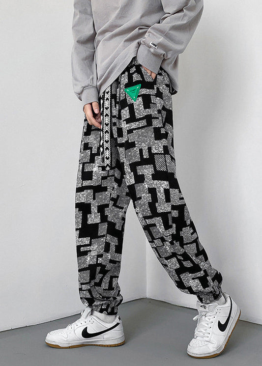 Spring Print Pants Cotton Men Oversized Grey