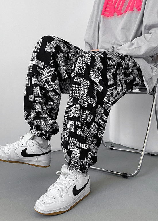Spring Print Pants Cotton Men Oversized Grey