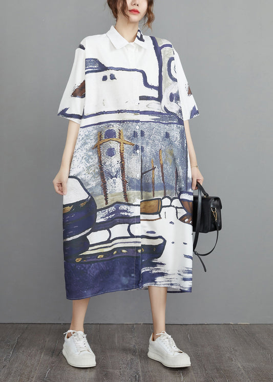 Oversized Shirt Dresses Grey Print Cotton Summer