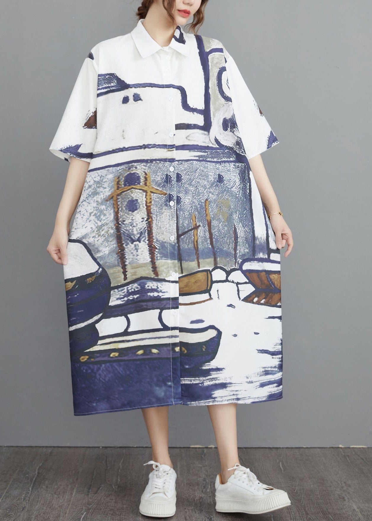 Oversized Shirt Dresses Grey Print Cotton Summer