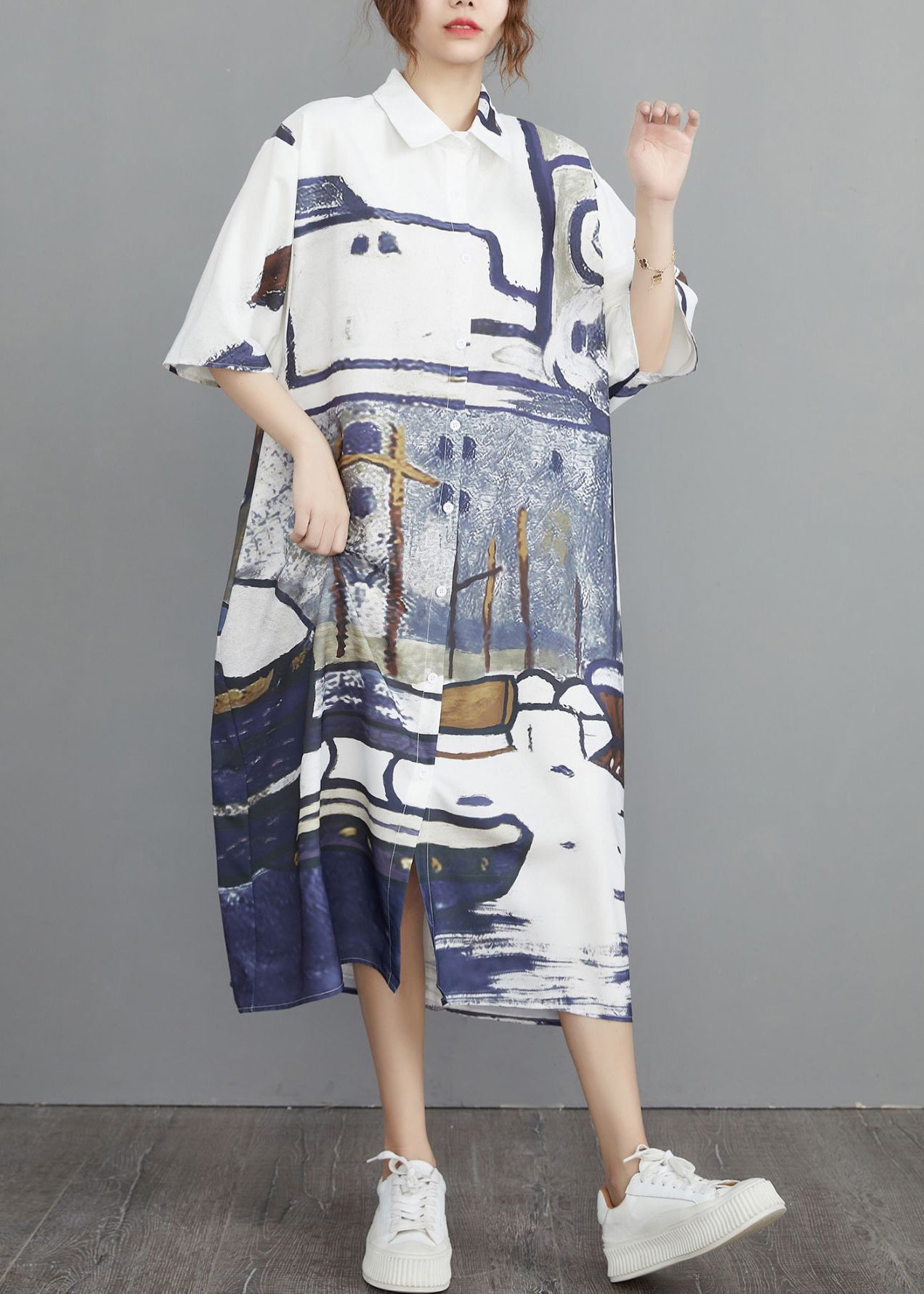 Oversized Shirt Dresses Grey Print Cotton Summer