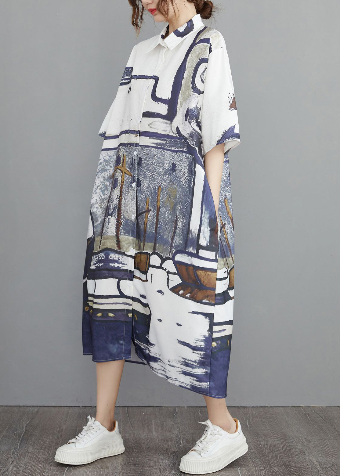 Oversized Shirt Dresses Grey Print Cotton Summer